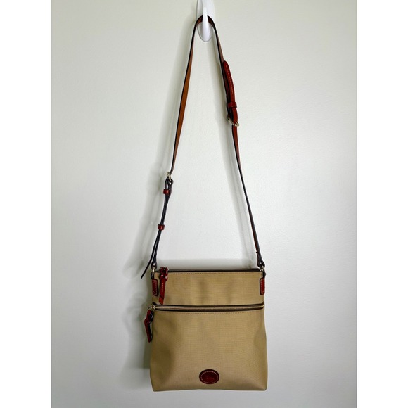 Dooney & Bourke Nylon Crossbody Bag Khaki Canvas Leather Trim Zip Pocket Purse - Picture 1 of 13